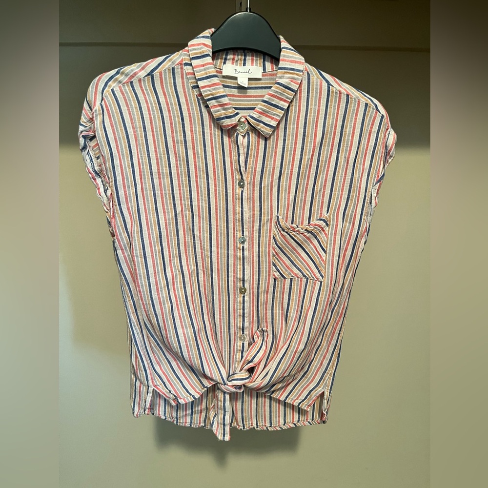 Red and Blue Crop Tie Front Button Down Shirt